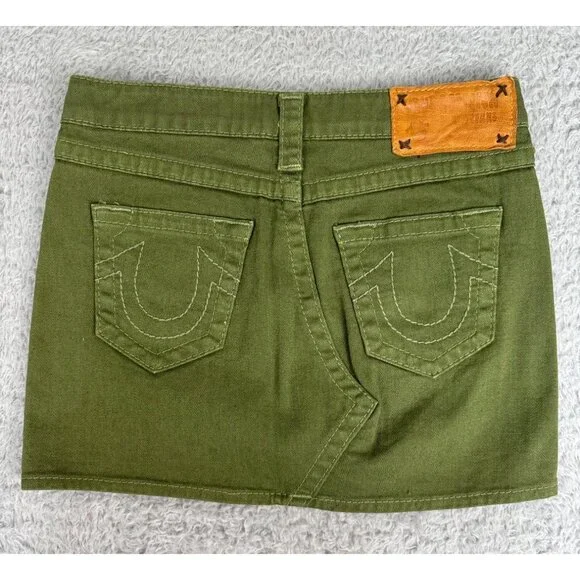 True Religion Womens Green Denim Mini Skirt Size 26 Rare Sample Design NWT - Picture 9 of 12